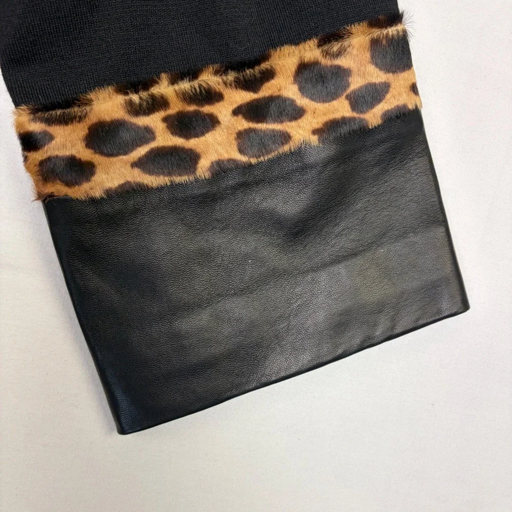 NWT St. John Collection Blazer Women 8 Black Leather Leopard Wool Silk Jacket - Picture 6 of 16